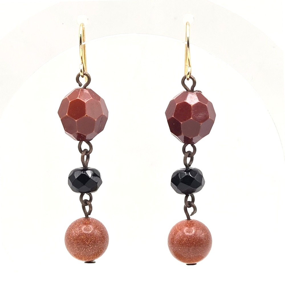 Handmade Goldstone Faceted Bead Drop Earrings Brown Black Gold Tone 2 Inch